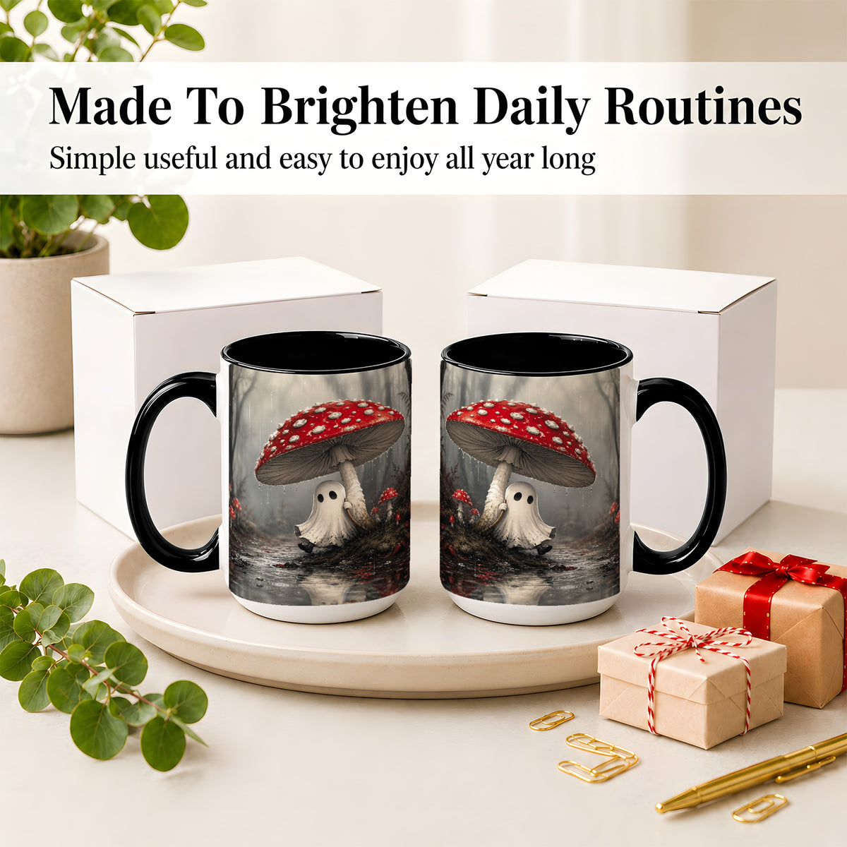 #pl[15oz|Black] Rainy Mushroom Ghost Ceramic Mug, Spooky Forest Art for Ghost Fans