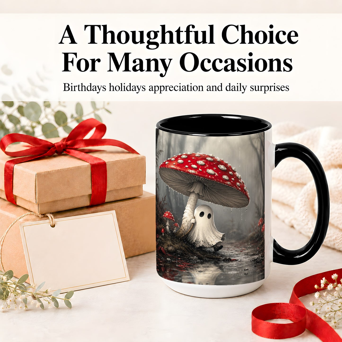 #pl[15oz|Black] Rainy Mushroom Ghost Ceramic Mug, Spooky Forest Art for Ghost Fans