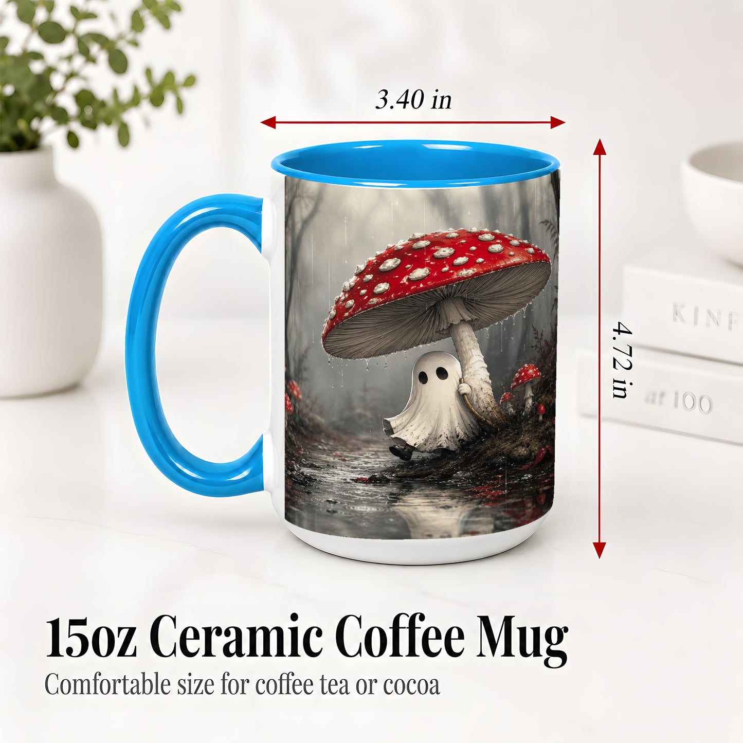 #pl[15oz|Blue] Rainy Mushroom Ghost Ceramic Mug, Spooky Forest Art for Ghost Fans