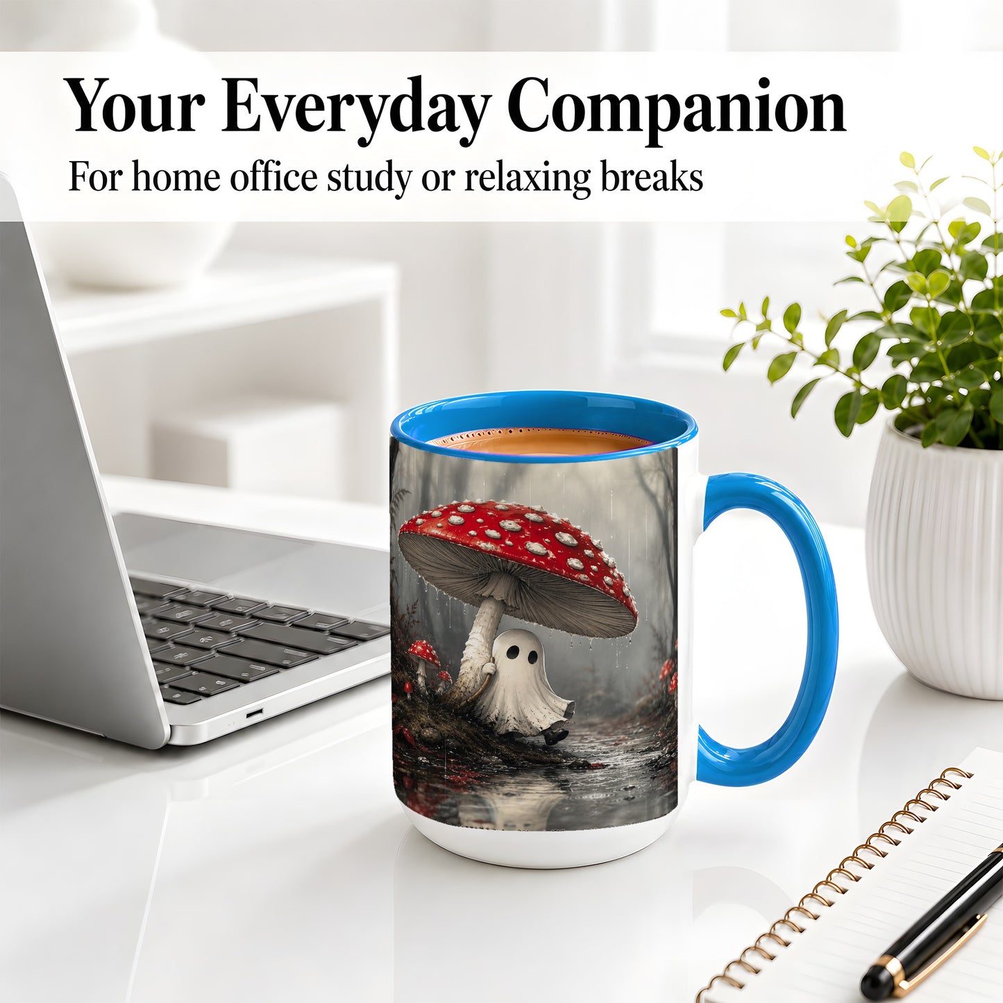 #pl[15oz|Blue] Rainy Mushroom Ghost Ceramic Mug, Spooky Forest Art for Ghost Fans