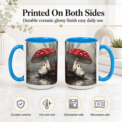 #pl[15oz|Blue] Rainy Mushroom Ghost Ceramic Mug, Spooky Forest Art for Ghost Fans