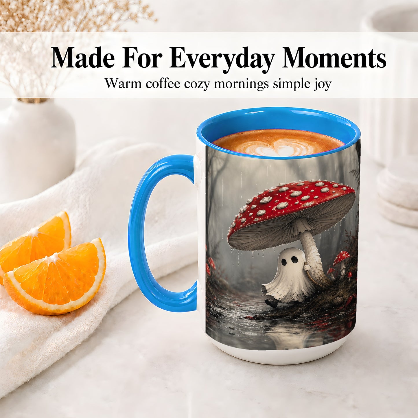 #pl[15oz|Blue] Rainy Mushroom Ghost Ceramic Mug, Spooky Forest Art for Ghost Fans