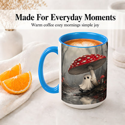 #pl[15oz|Blue] Rainy Mushroom Ghost Ceramic Mug, Spooky Forest Art for Ghost Fans