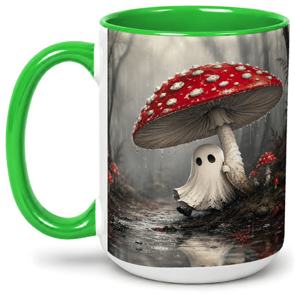 #pl[15oz|Green] Rainy Mushroom Ghost Ceramic Mug, Spooky Forest Art for Ghost Fans
