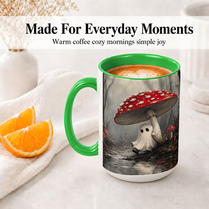 #pl[15oz|Green] Rainy Mushroom Ghost Ceramic Mug, Spooky Forest Art for Ghost Fans