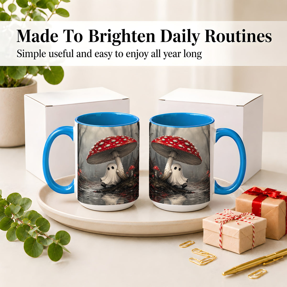 #pl[15oz|Blue] Rainy Mushroom Ghost Ceramic Mug, Spooky Forest Art for Ghost Fans