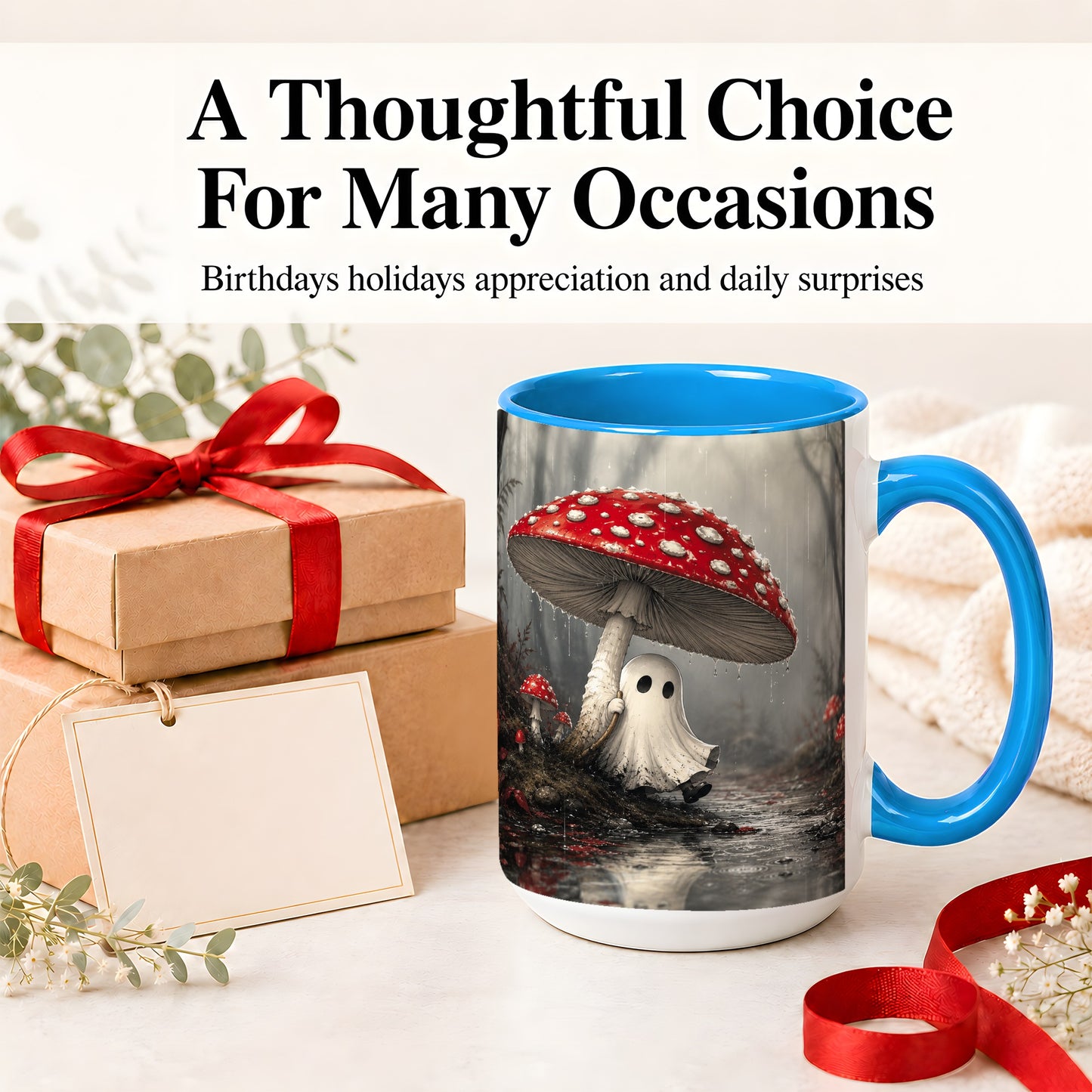 #pl[15oz|Blue] Rainy Mushroom Ghost Ceramic Mug, Spooky Forest Art for Ghost Fans