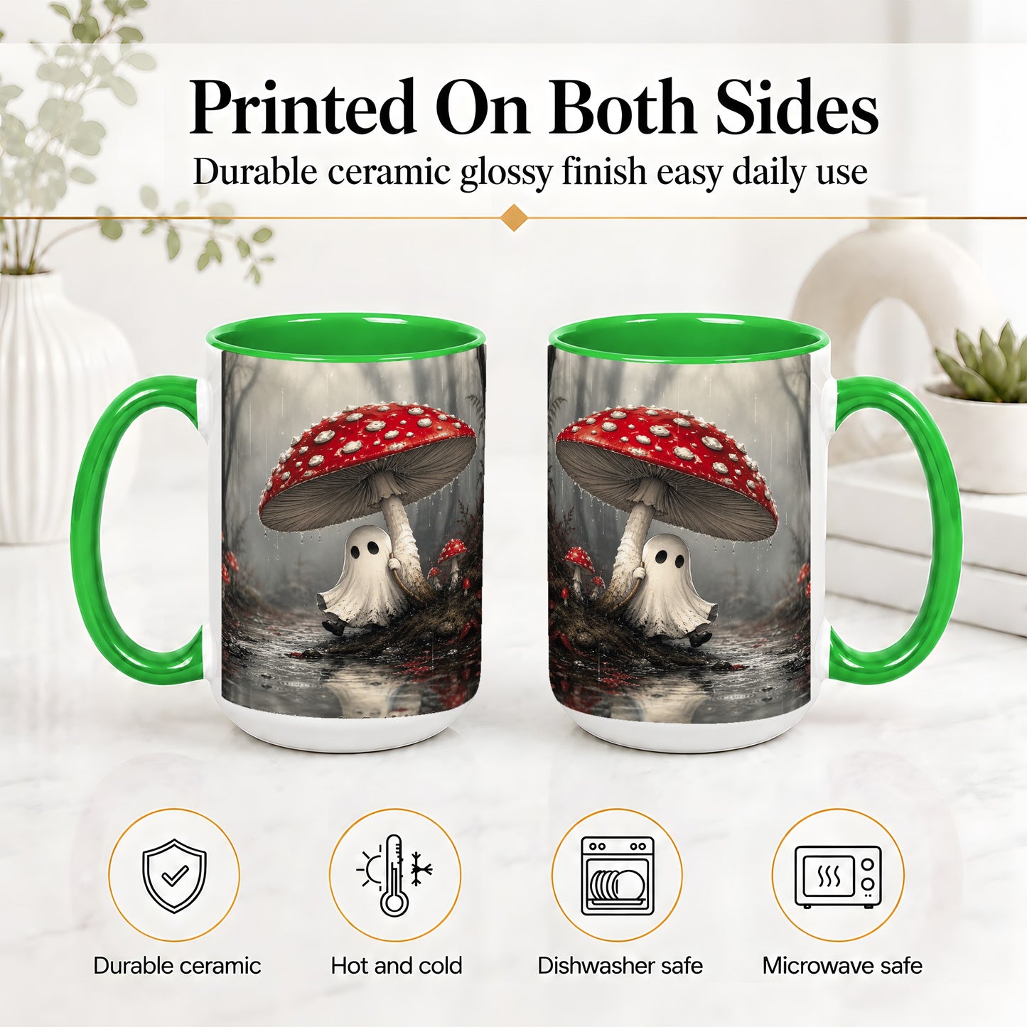 #pl[15oz|Green] Rainy Mushroom Ghost Ceramic Mug, Spooky Forest Art for Ghost Fans