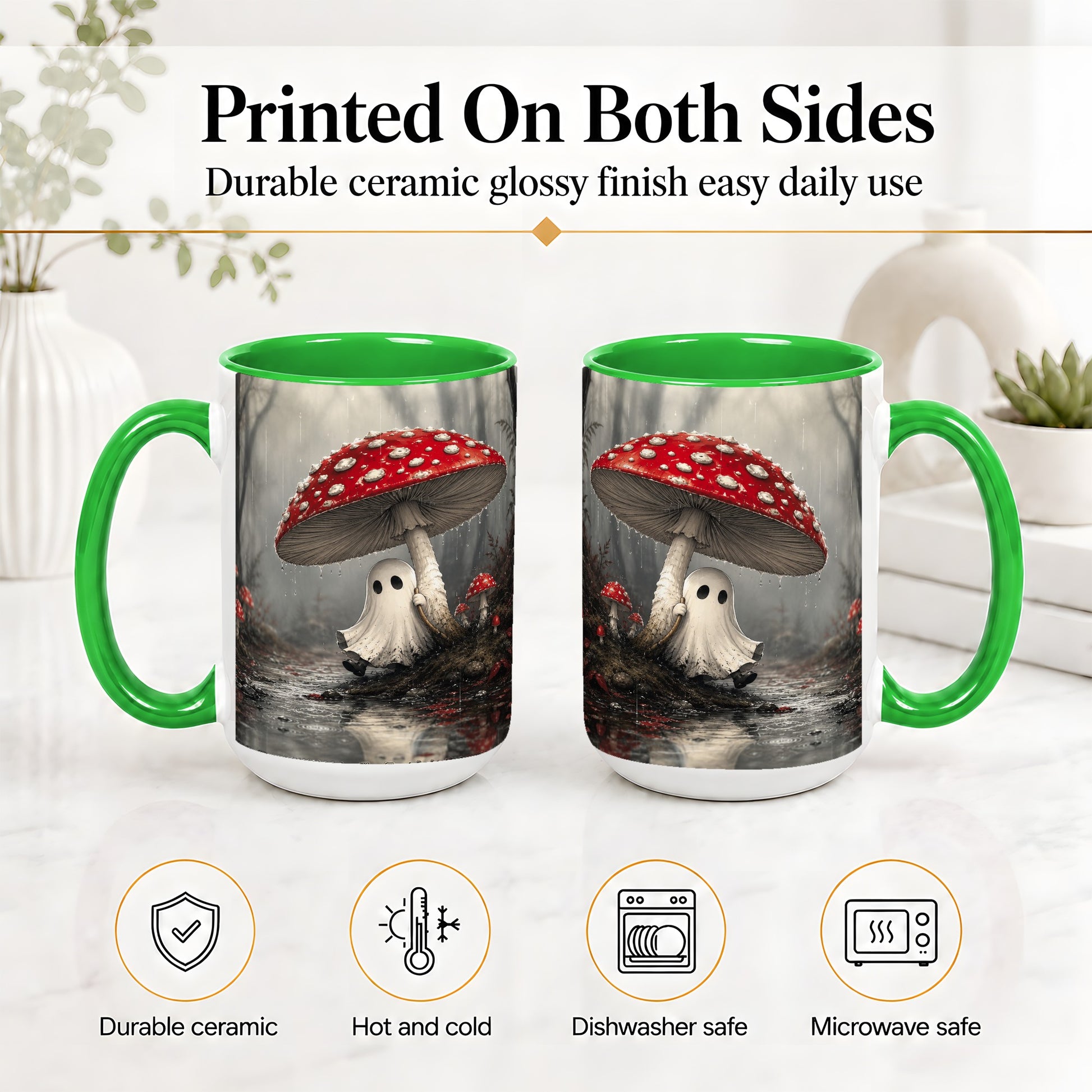 #pl[15oz|Green] Rainy Mushroom Ghost Ceramic Mug, Spooky Forest Art for Ghost Fans