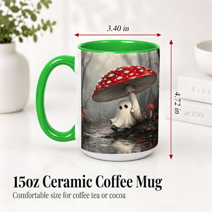 #pl[15oz|Green] Rainy Mushroom Ghost Ceramic Mug, Spooky Forest Art for Ghost Fans