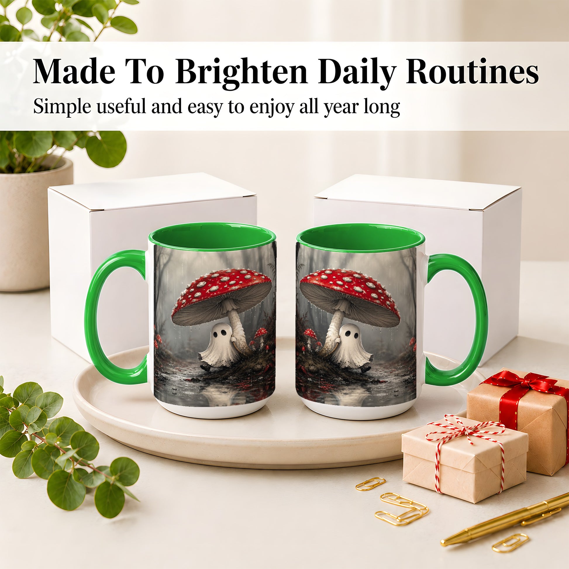 #pl[15oz|Green] Rainy Mushroom Ghost Ceramic Mug, Spooky Forest Art for Ghost Fans