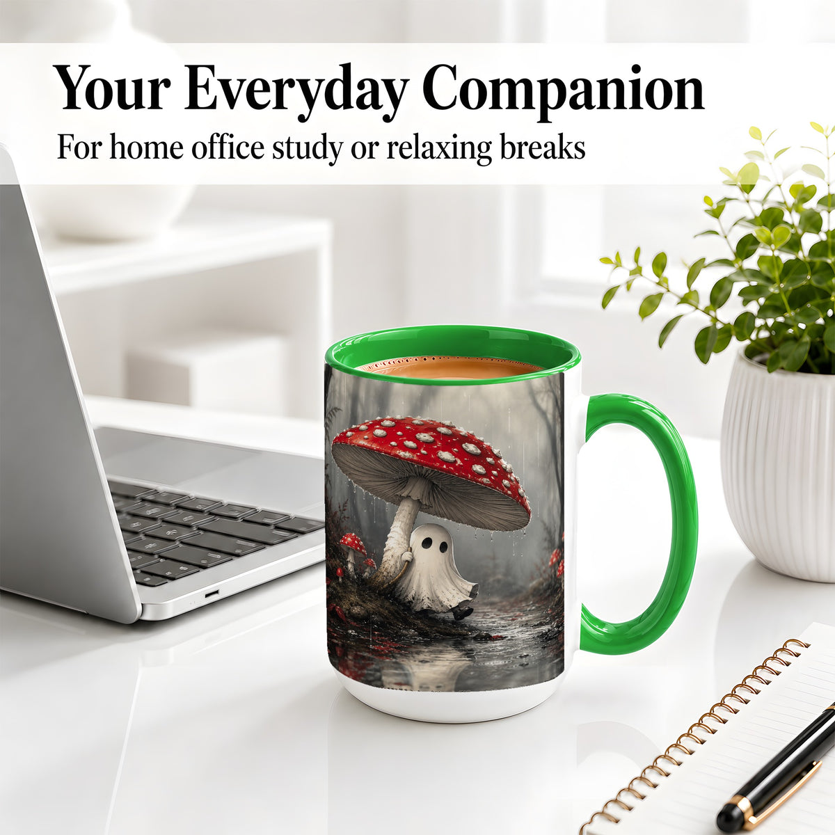 #pl[15oz|Green] Rainy Mushroom Ghost Ceramic Mug, Spooky Forest Art for Ghost Fans