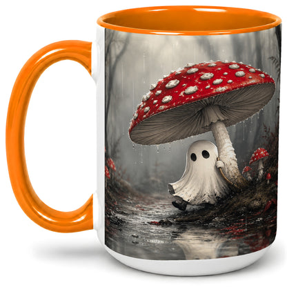 #pl[15oz|Orange] Rainy Mushroom Ghost Ceramic Mug, Spooky Forest Art for Ghost Fans