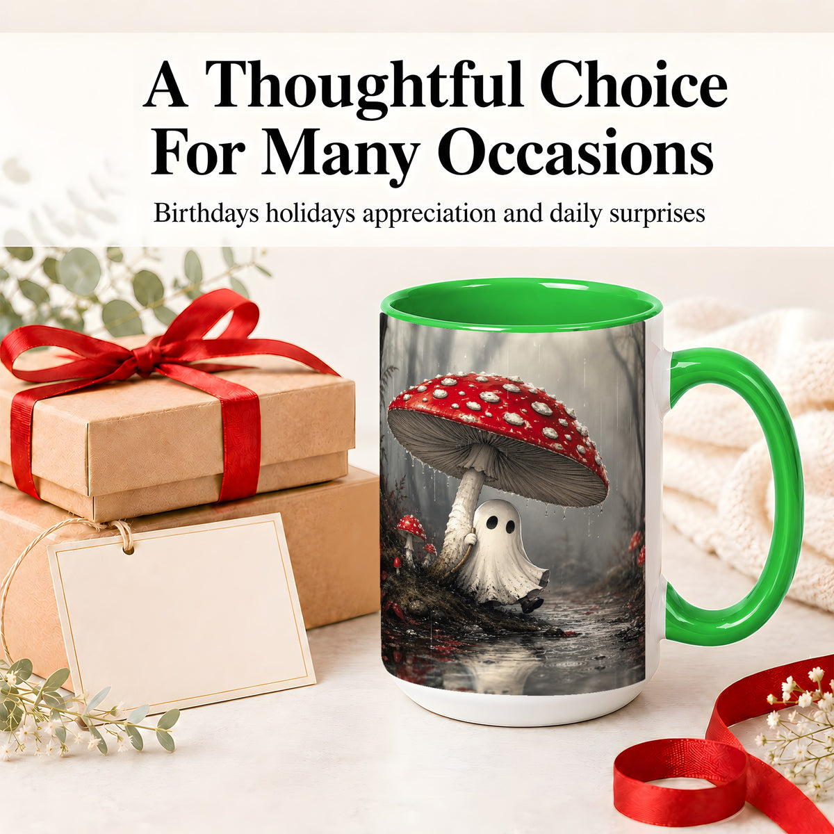 #pl[15oz|Green] Rainy Mushroom Ghost Ceramic Mug, Spooky Forest Art for Ghost Fans