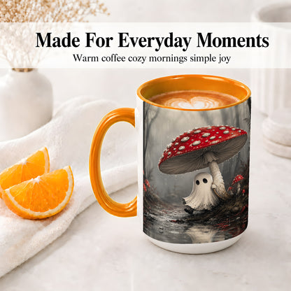 #pl[15oz|Orange] Rainy Mushroom Ghost Ceramic Mug, Spooky Forest Art for Ghost Fans