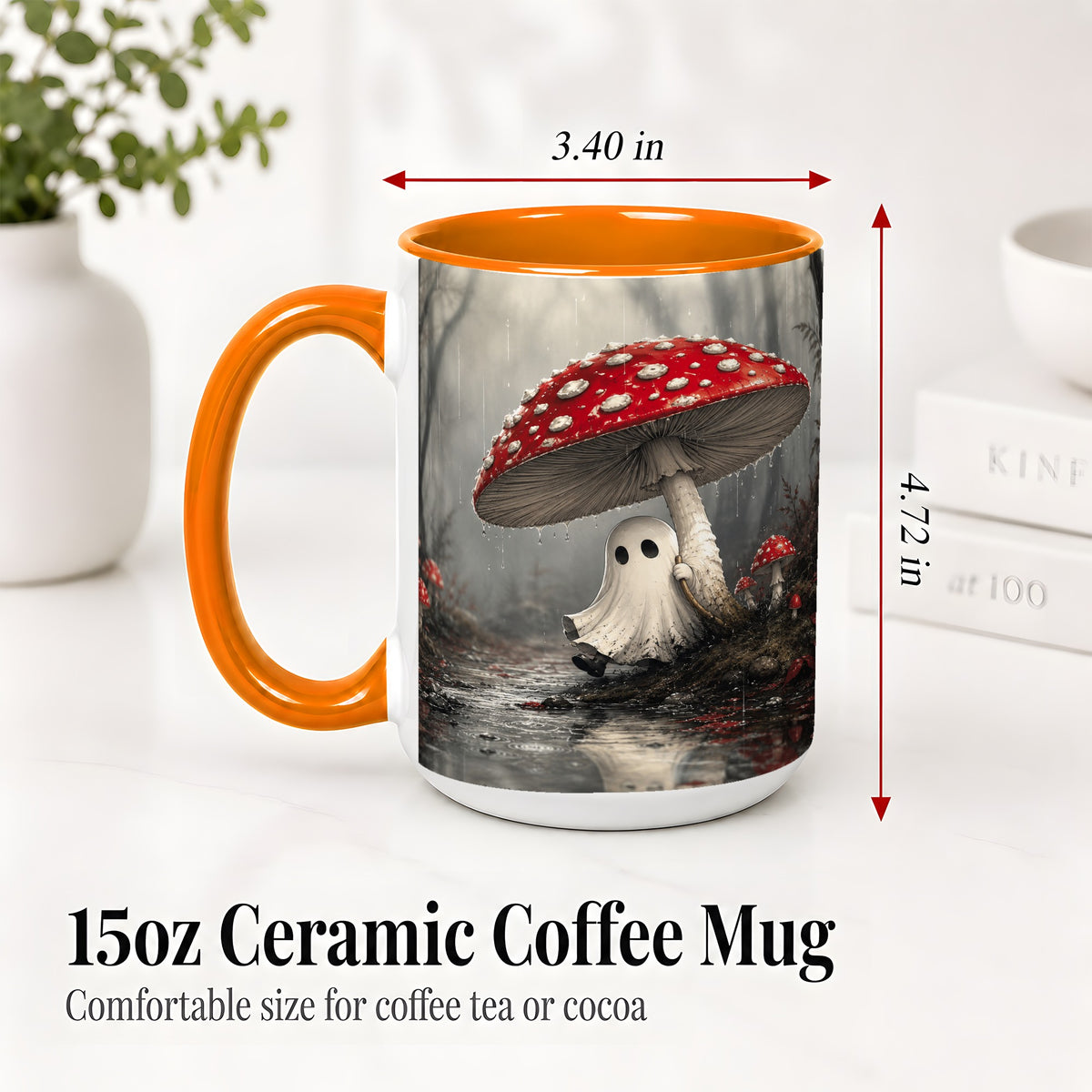 #pl[15oz|Orange] Rainy Mushroom Ghost Ceramic Mug, Spooky Forest Art for Ghost Fans