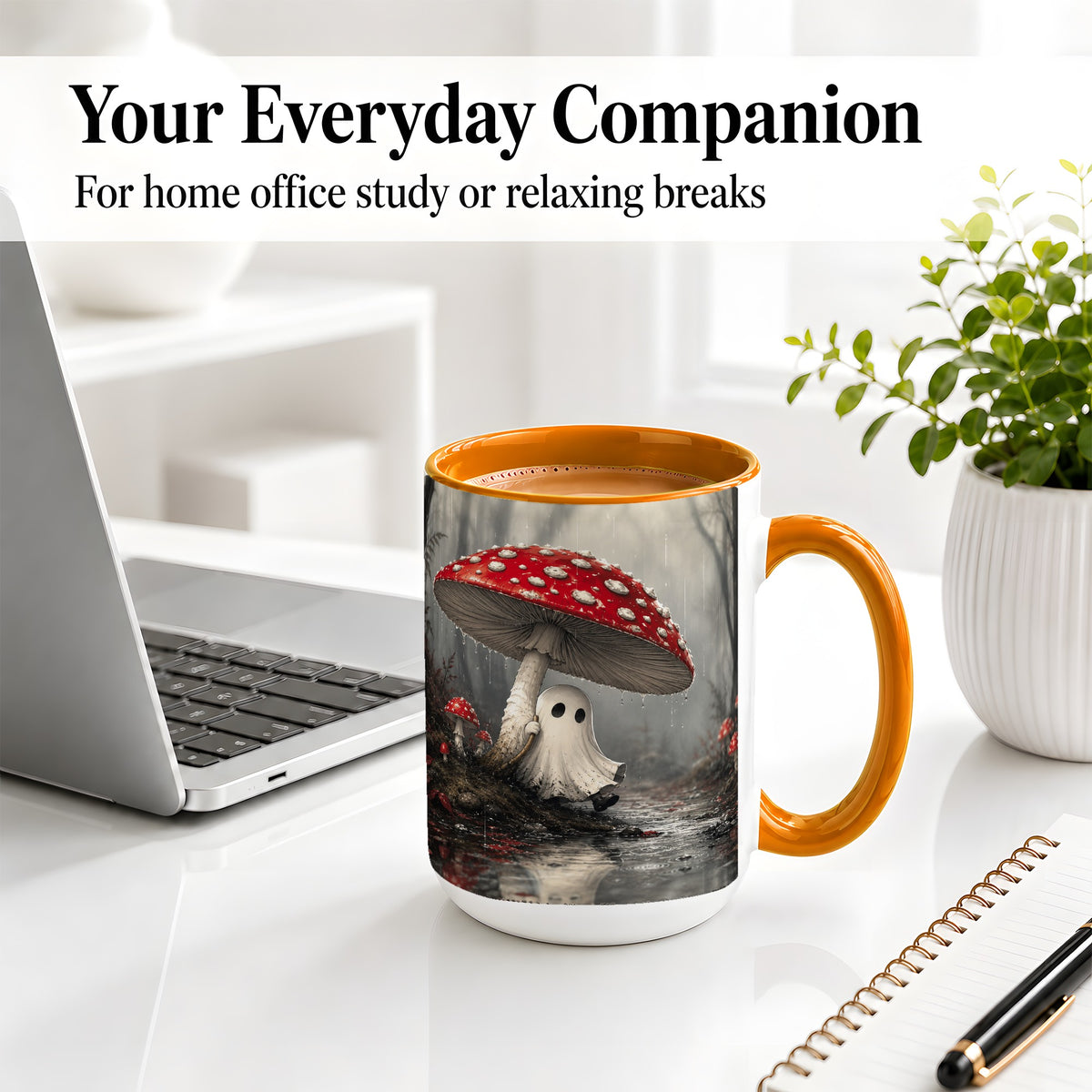 #pl[15oz|Orange] Rainy Mushroom Ghost Ceramic Mug, Spooky Forest Art for Ghost Fans