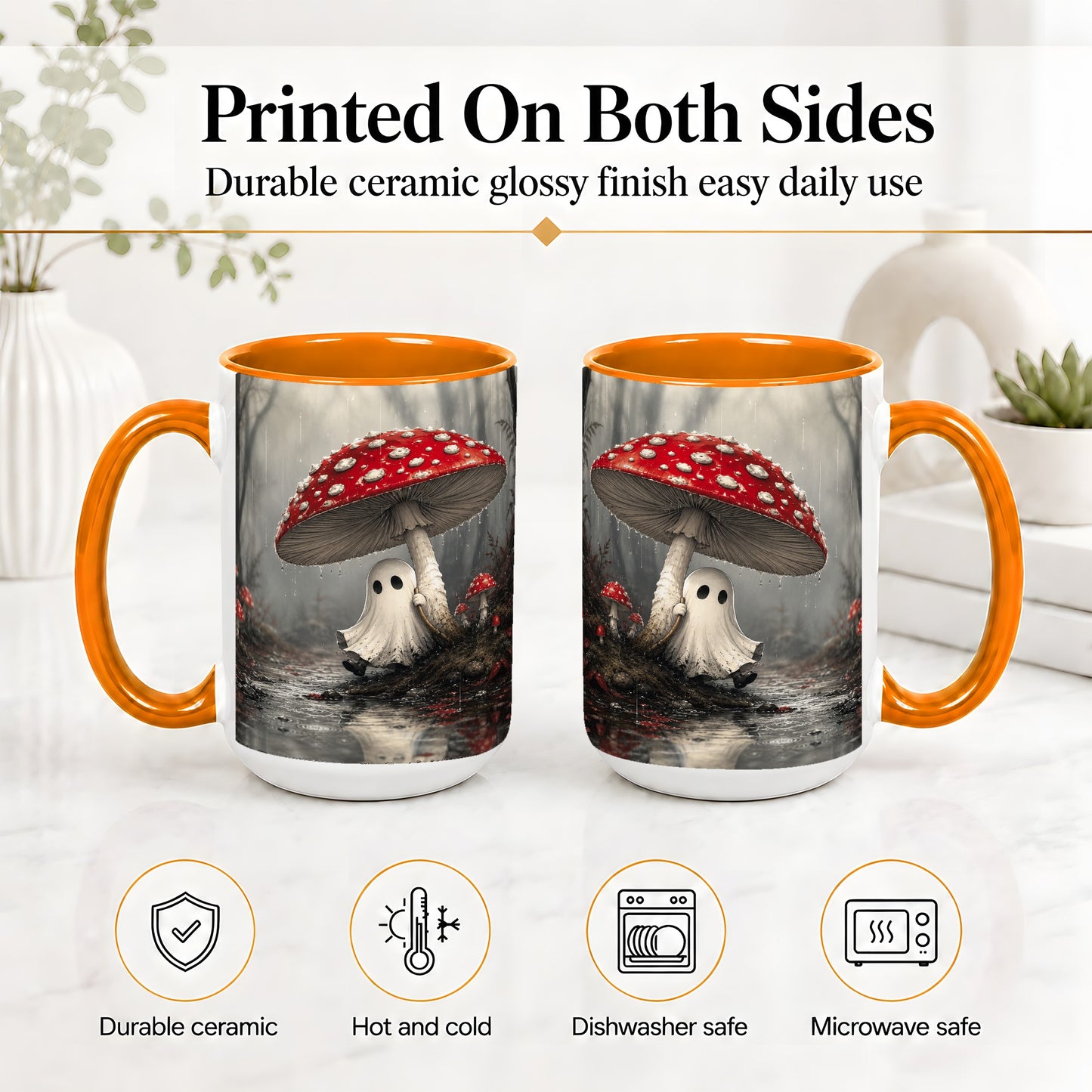 #pl[15oz|Orange] Rainy Mushroom Ghost Ceramic Mug, Spooky Forest Art for Ghost Fans