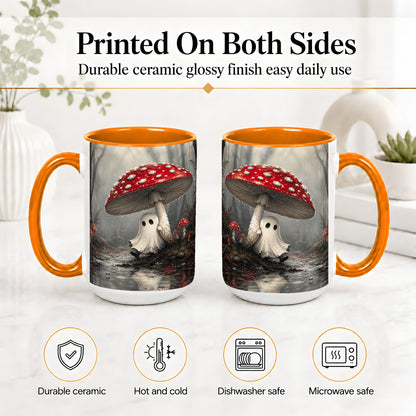 #pl[15oz|Orange] Rainy Mushroom Ghost Ceramic Mug, Spooky Forest Art for Ghost Fans
