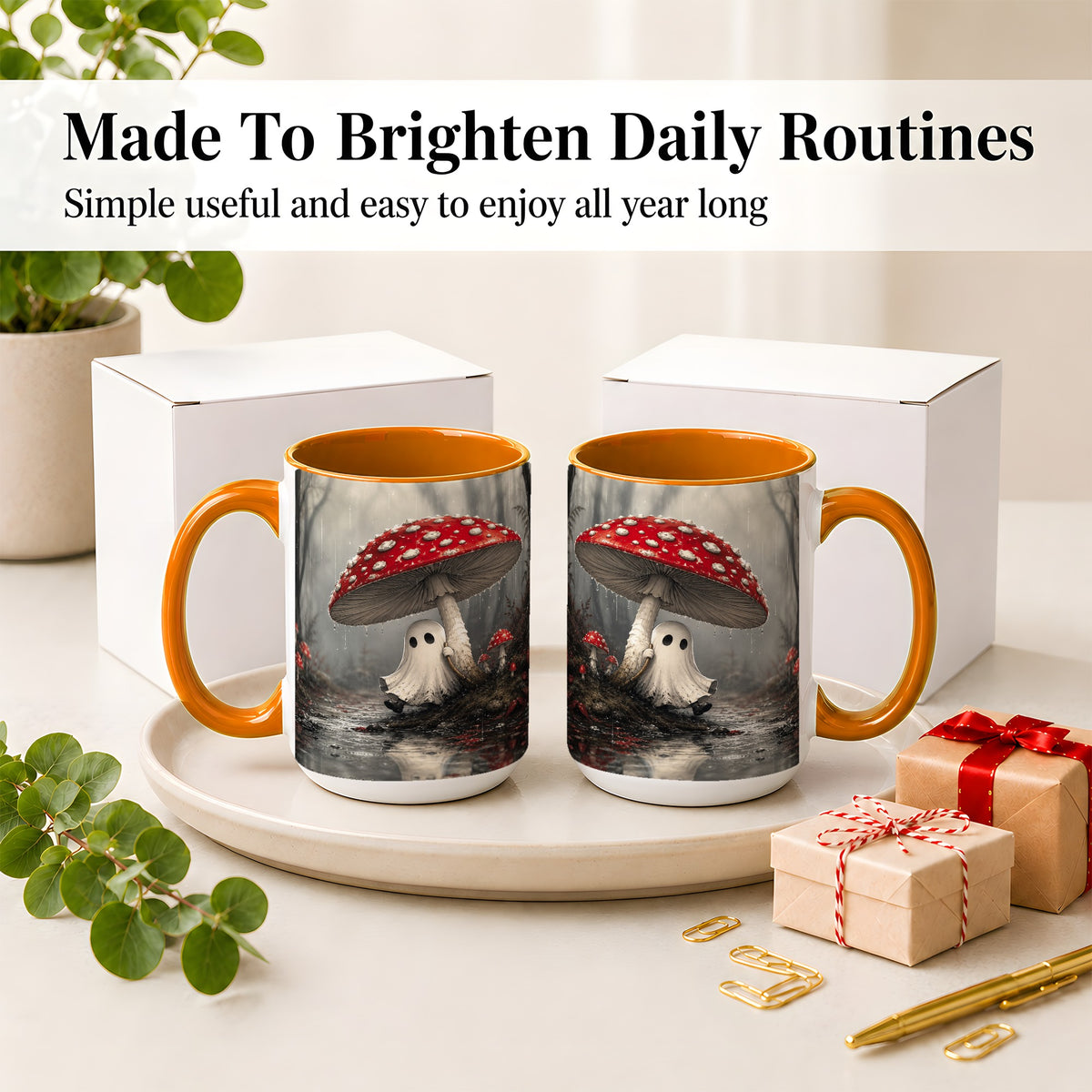 #pl[15oz|Orange] Rainy Mushroom Ghost Ceramic Mug, Spooky Forest Art for Ghost Fans