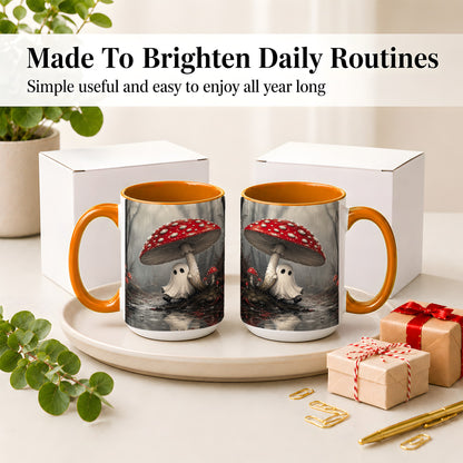 #pl[15oz|Orange] Rainy Mushroom Ghost Ceramic Mug, Spooky Forest Art for Ghost Fans