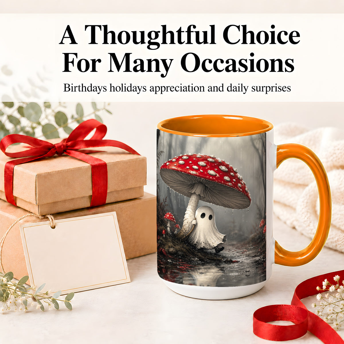 #pl[15oz|Orange] Rainy Mushroom Ghost Ceramic Mug, Spooky Forest Art for Ghost Fans