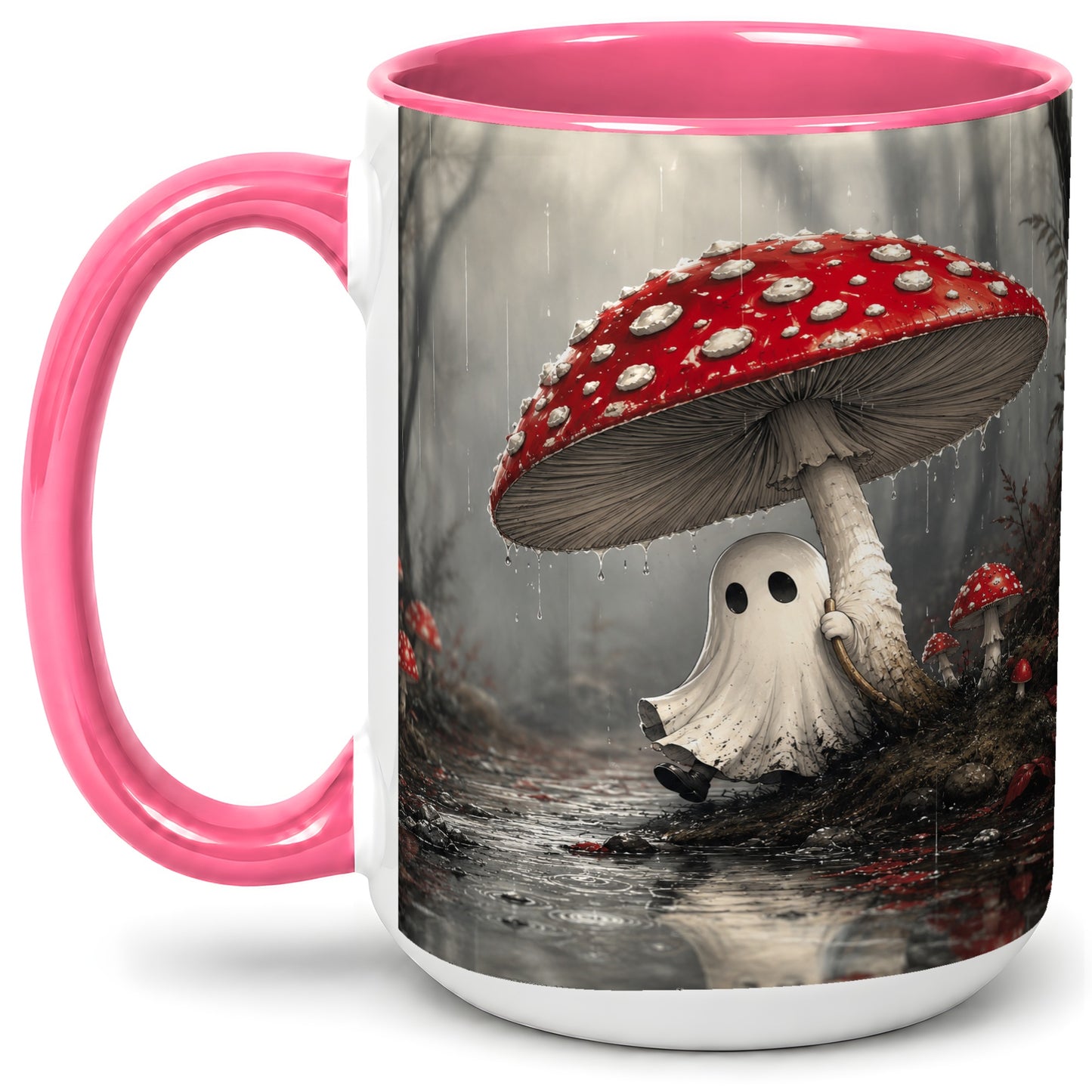 #pl[15oz|Pink] Rainy Mushroom Ghost Ceramic Mug, Spooky Forest Art for Ghost Fans
