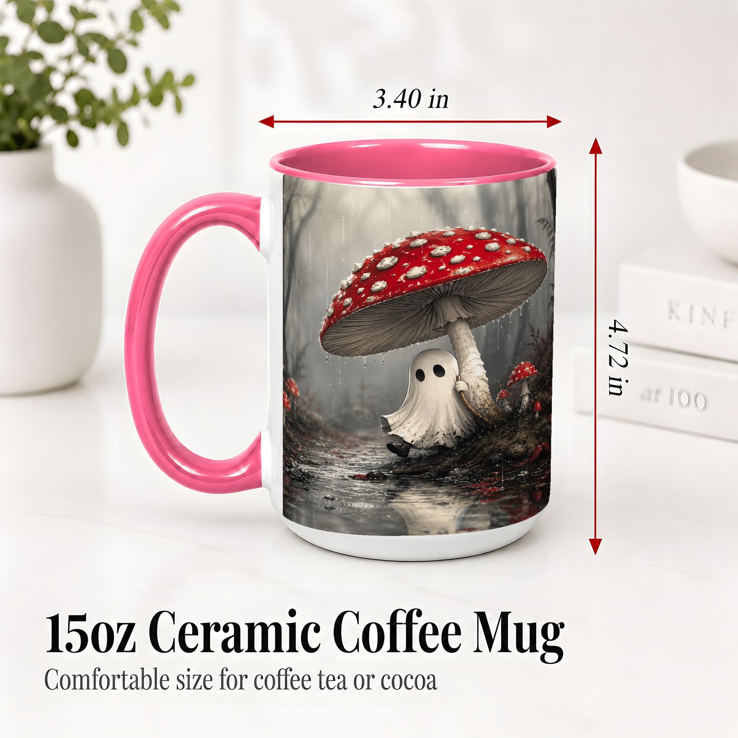#pl[15oz|Pink] Rainy Mushroom Ghost Ceramic Mug, Spooky Forest Art for Ghost Fans