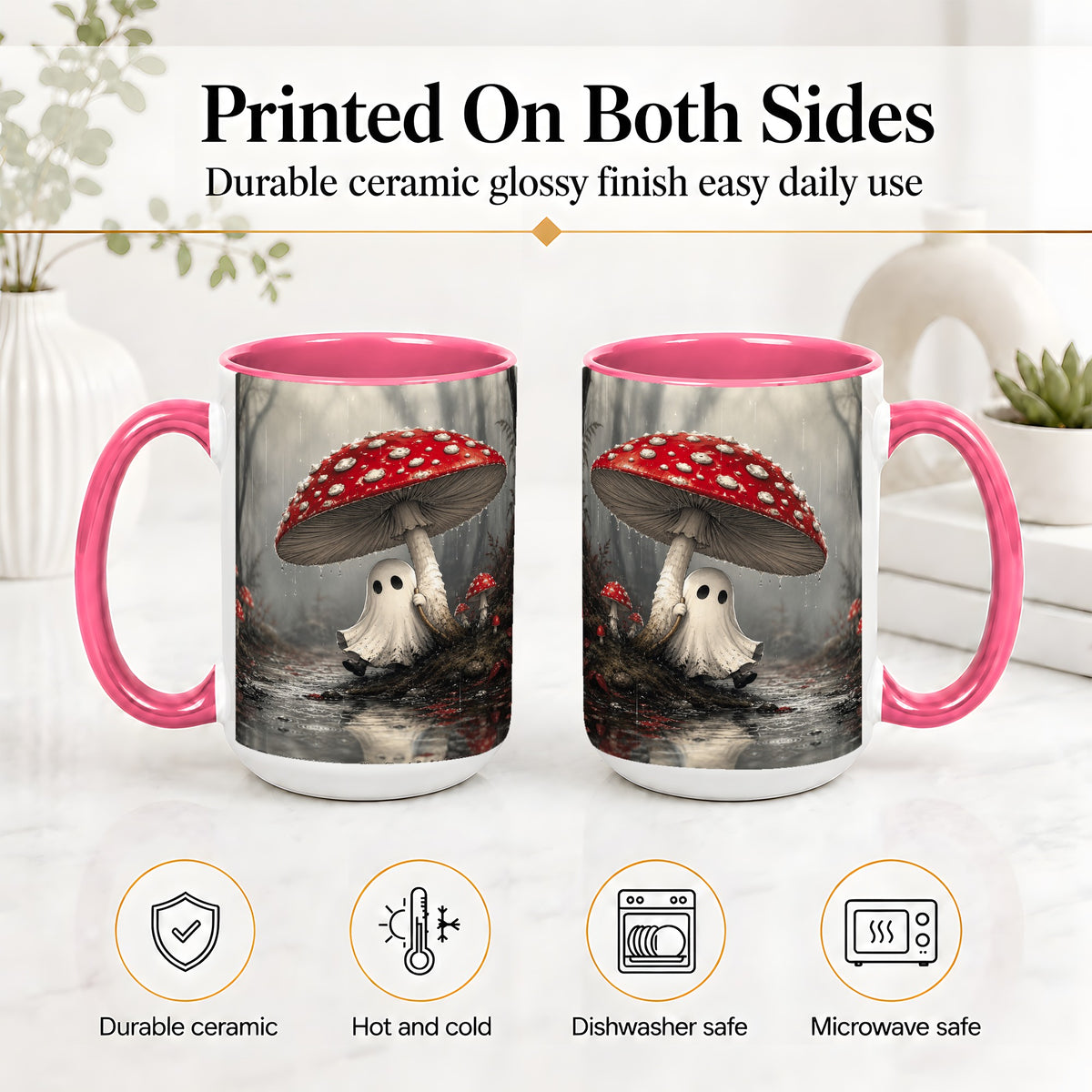 #pl[15oz|Pink] Rainy Mushroom Ghost Ceramic Mug, Spooky Forest Art for Ghost Fans
