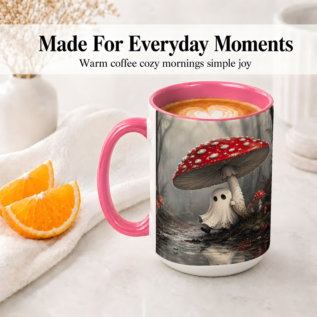 #pl[15oz|Pink] Rainy Mushroom Ghost Ceramic Mug, Spooky Forest Art for Ghost Fans