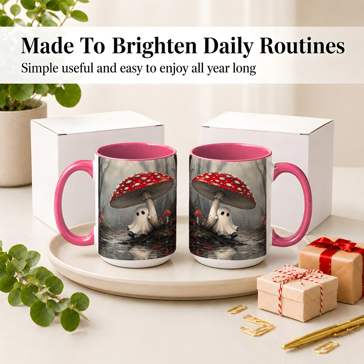 #pl[15oz|Pink] Rainy Mushroom Ghost Ceramic Mug, Spooky Forest Art for Ghost Fans