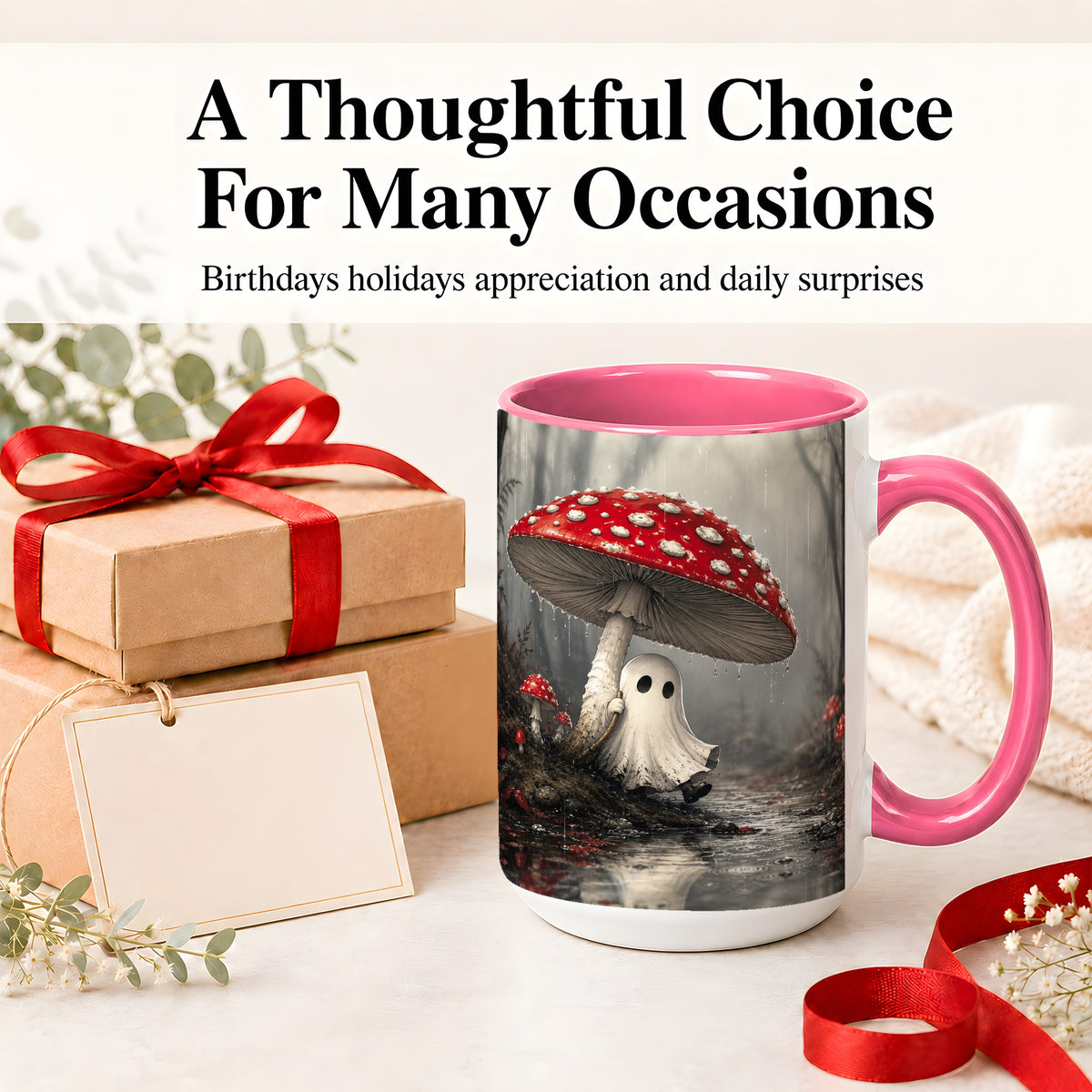 #pl[15oz|Pink] Rainy Mushroom Ghost Ceramic Mug, Spooky Forest Art for Ghost Fans