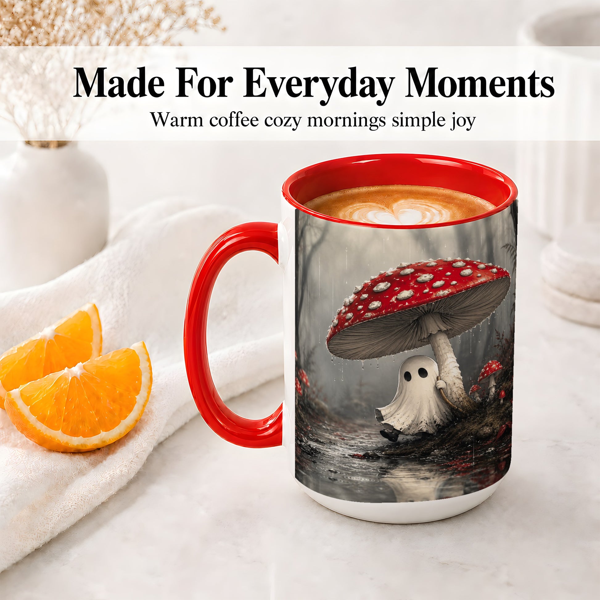 #pl[15oz|Red] Rainy Mushroom Ghost Ceramic Mug, Spooky Forest Art for Ghost Fans