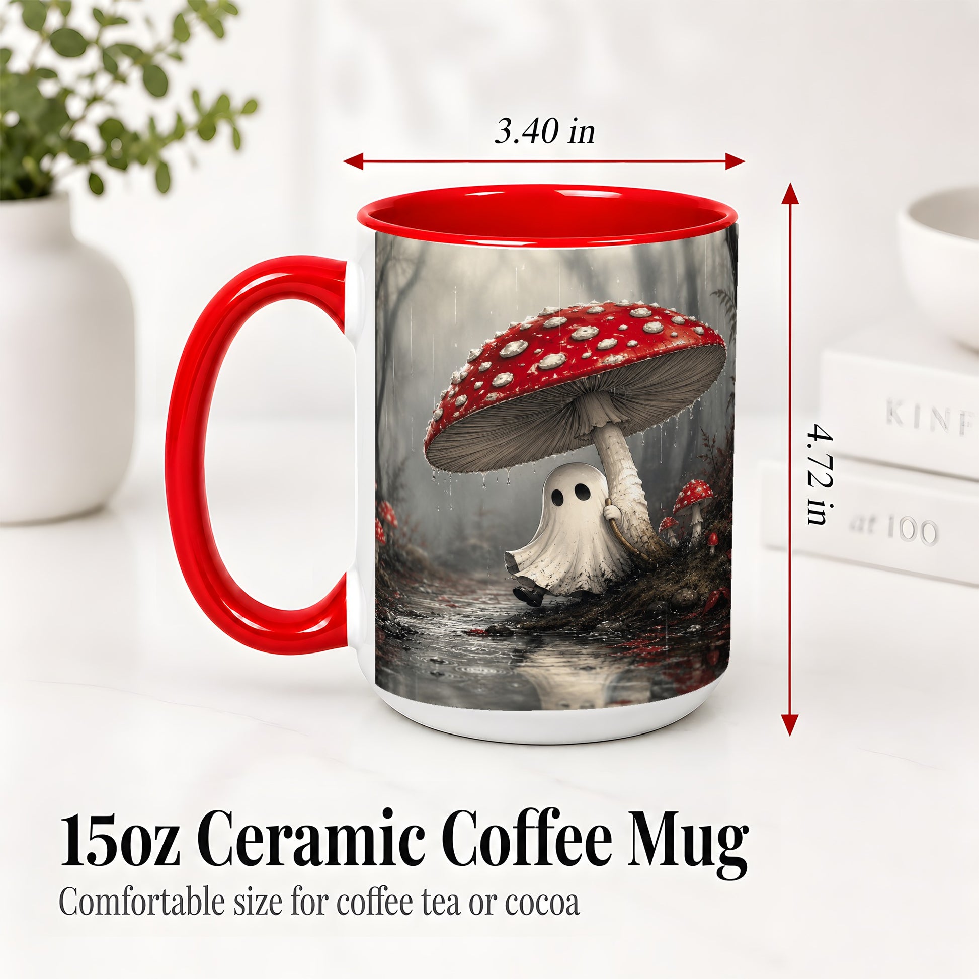 #pl[15oz|Red] Rainy Mushroom Ghost Ceramic Mug, Spooky Forest Art for Ghost Fans