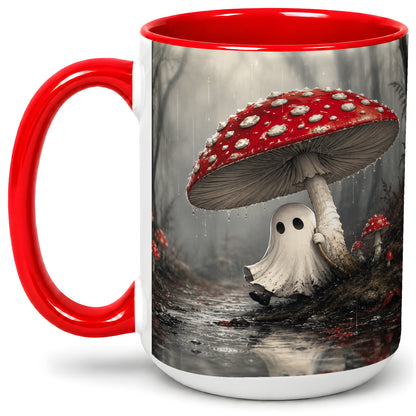 #pl[15oz|Red] Rainy Mushroom Ghost Ceramic Mug, Spooky Forest Art for Ghost Fans