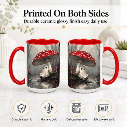 #pl[15oz|Red] Rainy Mushroom Ghost Ceramic Mug, Spooky Forest Art for Ghost Fans
