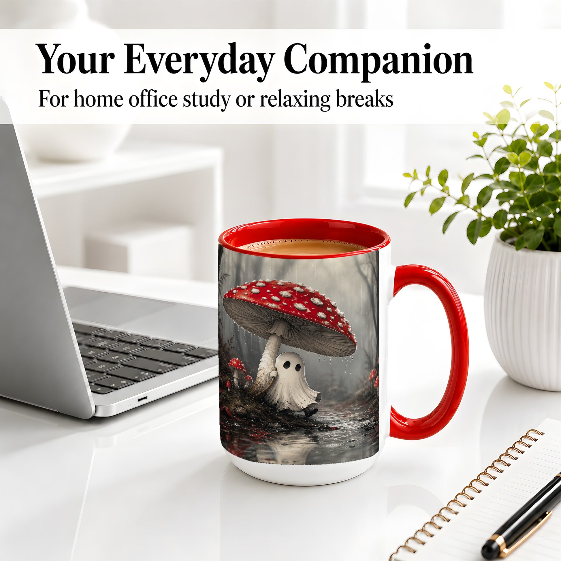 #pl[15oz|Red] Rainy Mushroom Ghost Ceramic Mug, Spooky Forest Art for Ghost Fans