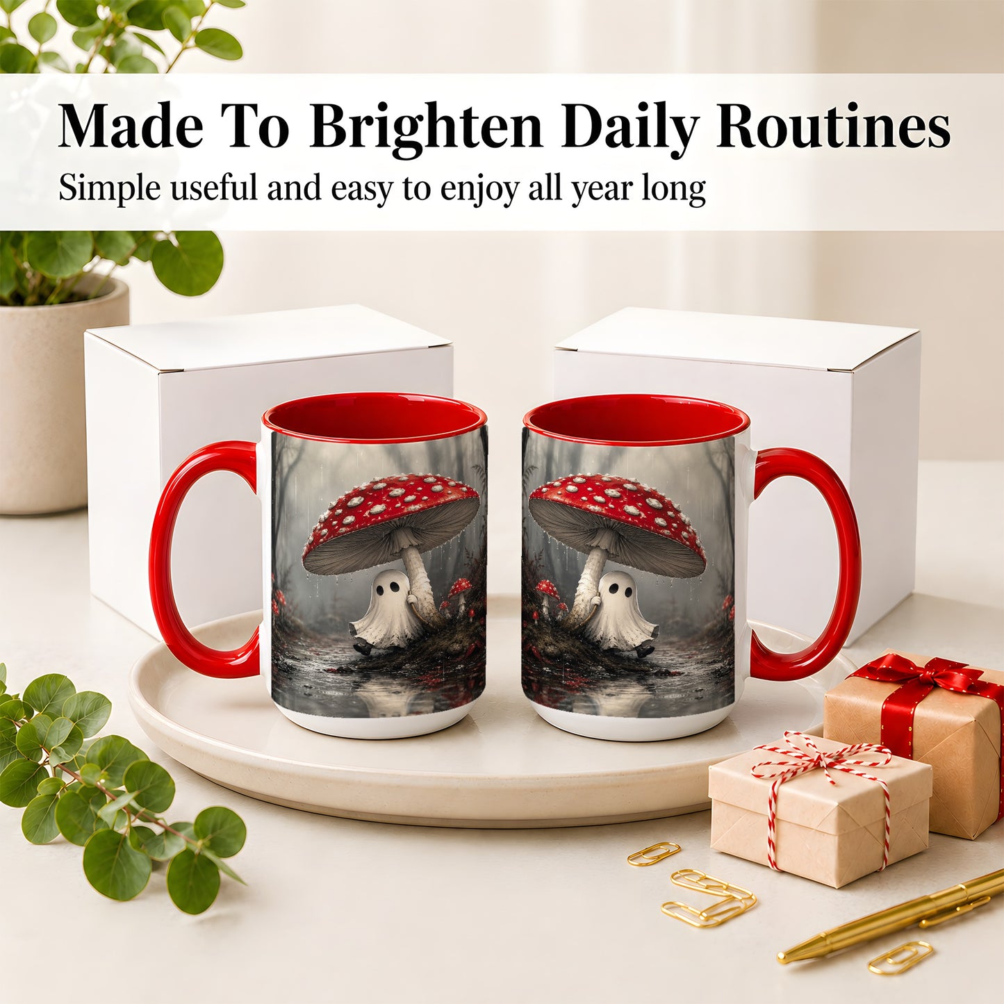 #pl[15oz|Red] Rainy Mushroom Ghost Ceramic Mug, Spooky Forest Art for Ghost Fans