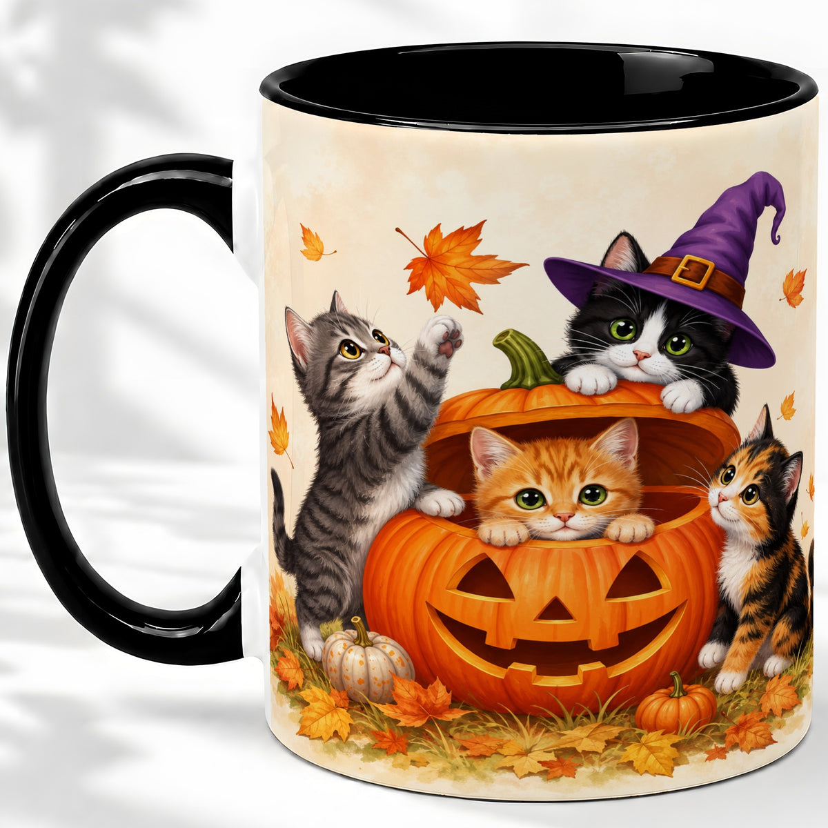 #pl[11oz|Black] Halloween Pumpkin Kittens Ceramic Mug, Cat Art for Cat Lovers
