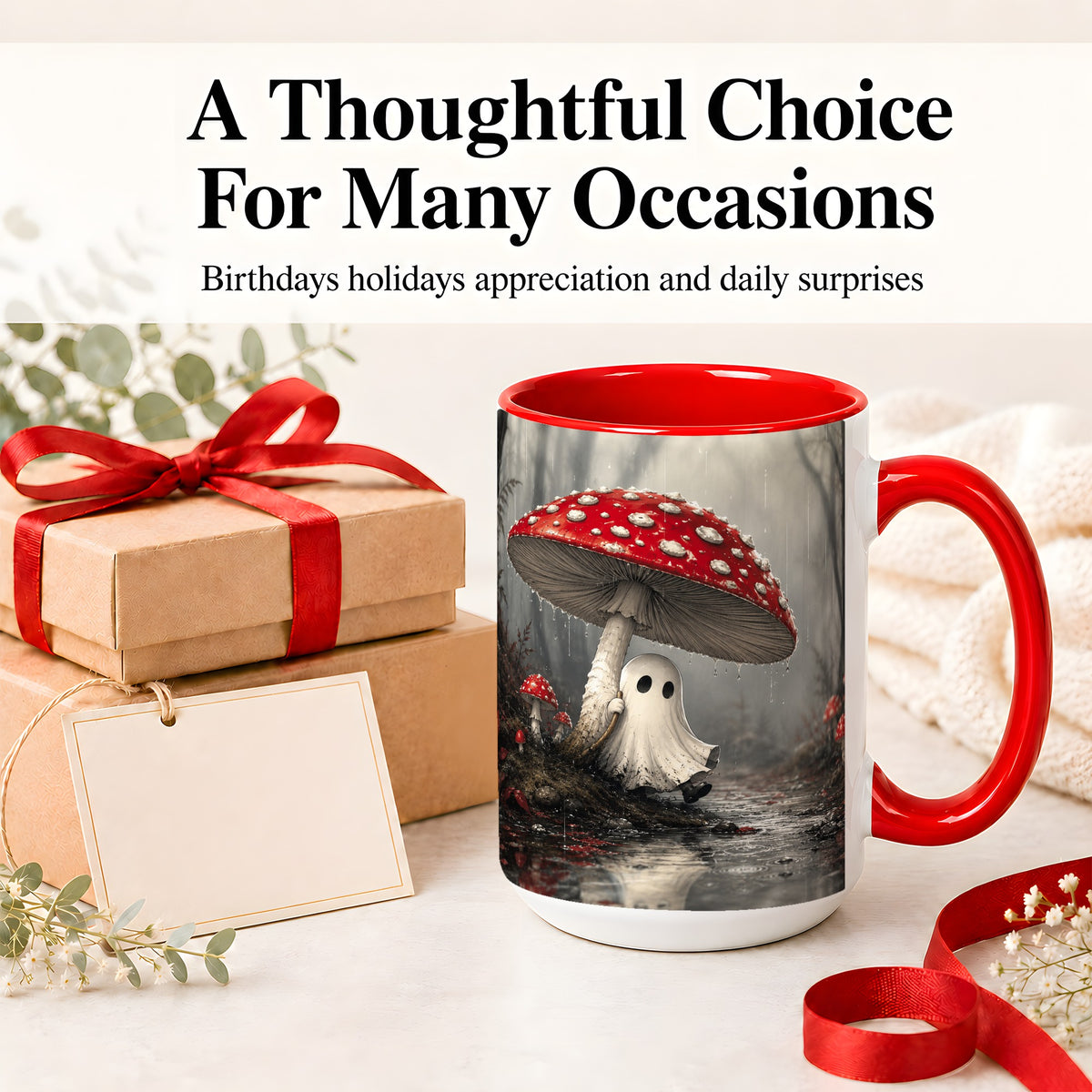 #pl[15oz|Red] Rainy Mushroom Ghost Ceramic Mug, Spooky Forest Art for Ghost Fans