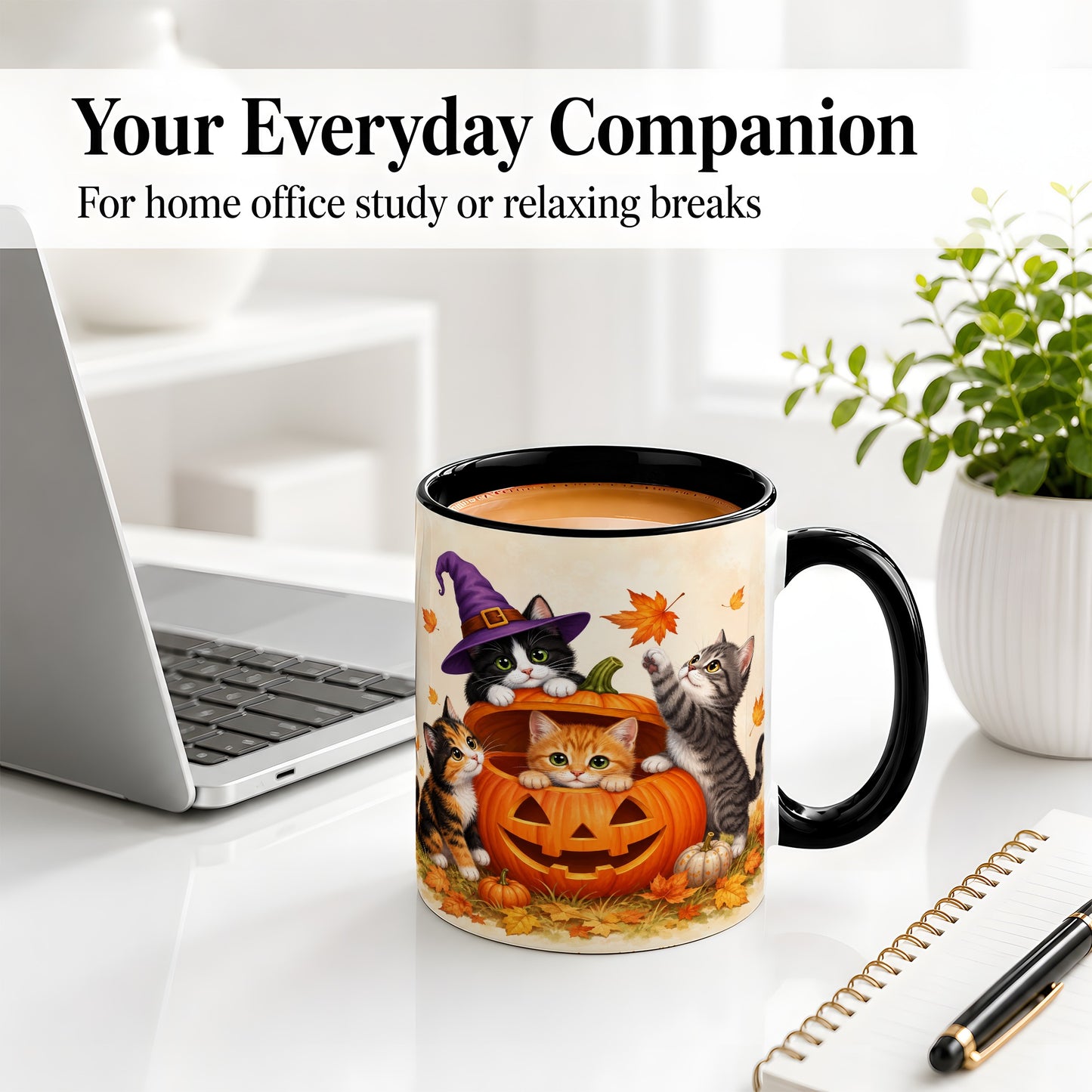 #pl[11oz|Black] Halloween Pumpkin Kittens Ceramic Mug, Cat Art for Cat Lovers