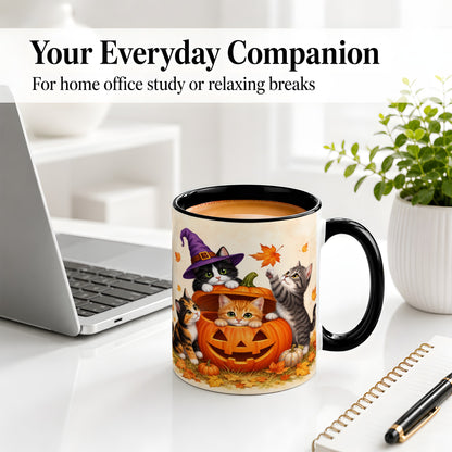 #pl[11oz|Black] Halloween Pumpkin Kittens Ceramic Mug, Cat Art for Cat Lovers