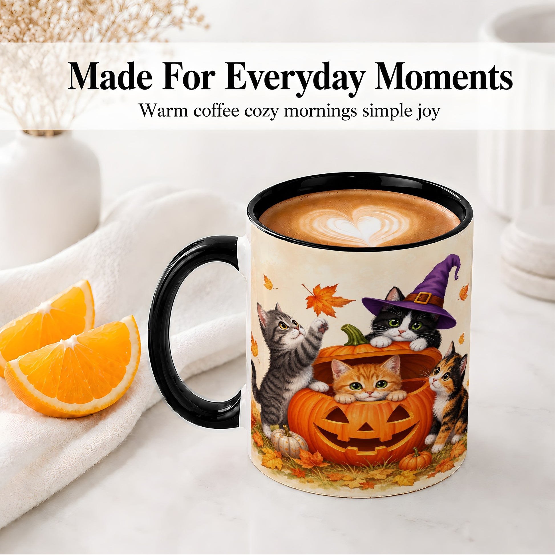 #pl[11oz|Black] Halloween Pumpkin Kittens Ceramic Mug, Cat Art for Cat Lovers