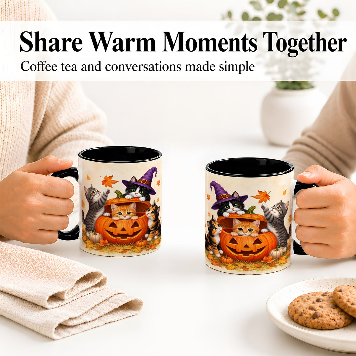 #pl[11oz|Black] Halloween Pumpkin Kittens Ceramic Mug, Cat Art for Cat Lovers