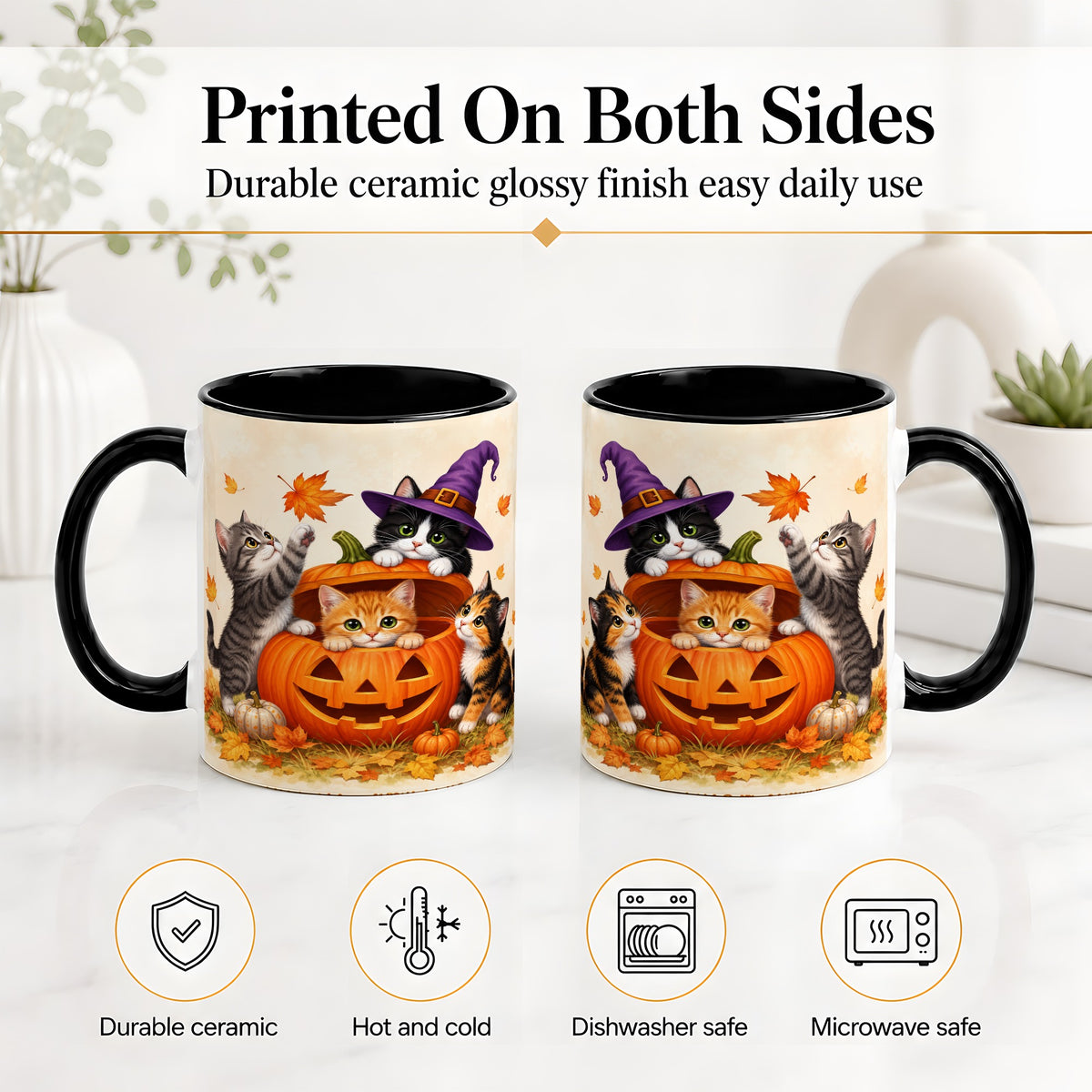 #pl[11oz|Black] Halloween Pumpkin Kittens Ceramic Mug, Cat Art for Cat Lovers
