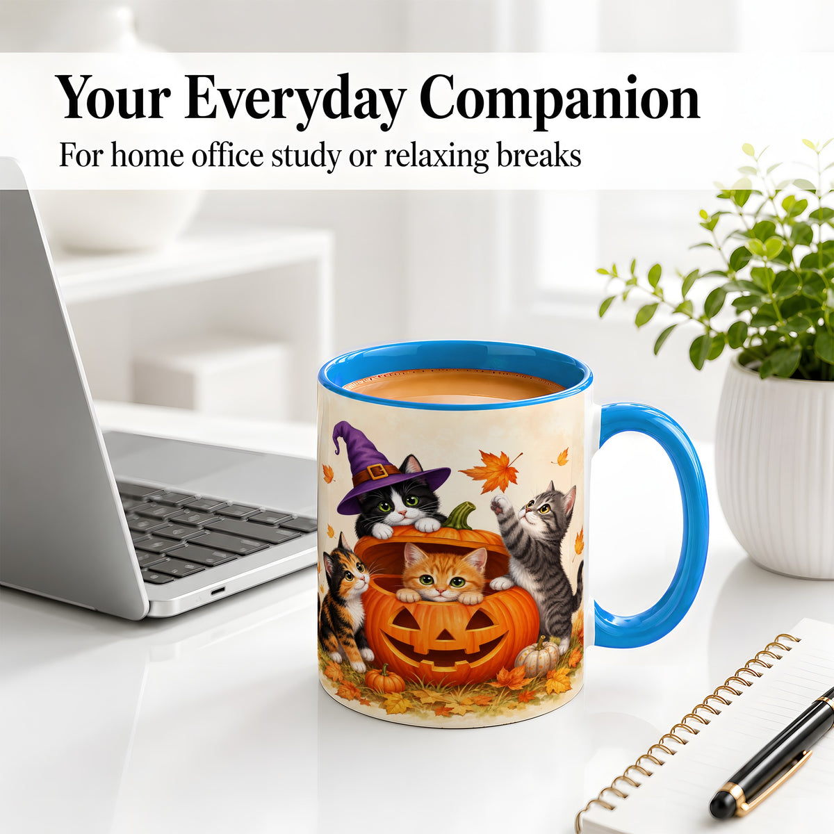 #pl[11oz|Blue] Halloween Pumpkin Kittens Ceramic Mug, Cat Art for Cat Lovers