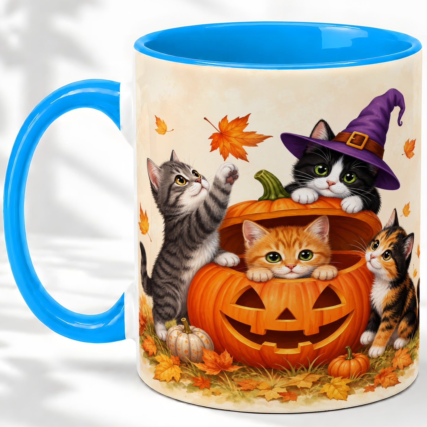 #pl[11oz|Blue] Halloween Pumpkin Kittens Ceramic Mug, Cat Art for Cat Lovers