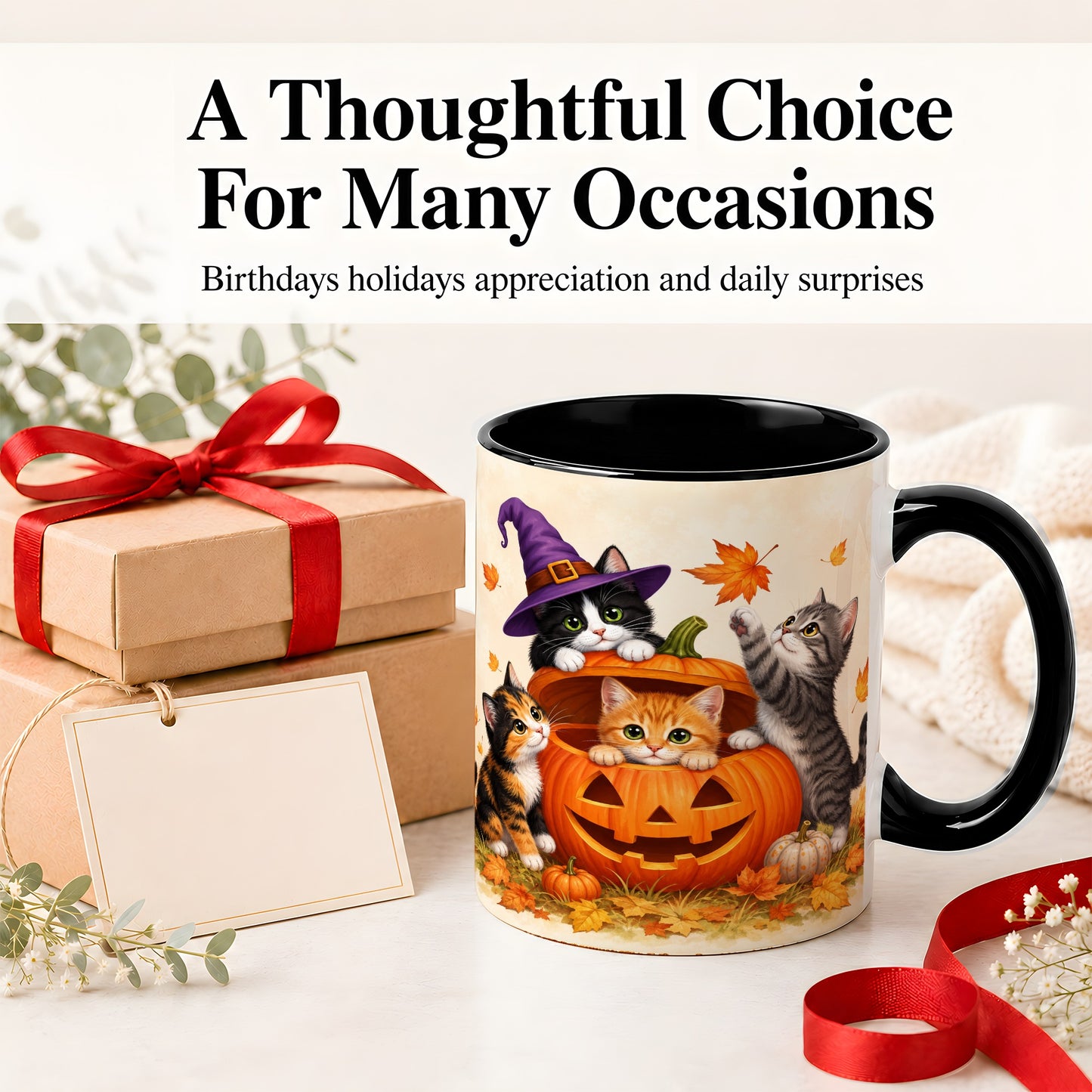 #pl[11oz|Black] Halloween Pumpkin Kittens Ceramic Mug, Cat Art for Cat Lovers
