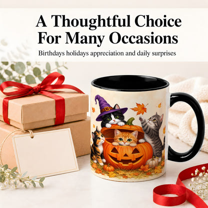 #pl[11oz|Black] Halloween Pumpkin Kittens Ceramic Mug, Cat Art for Cat Lovers