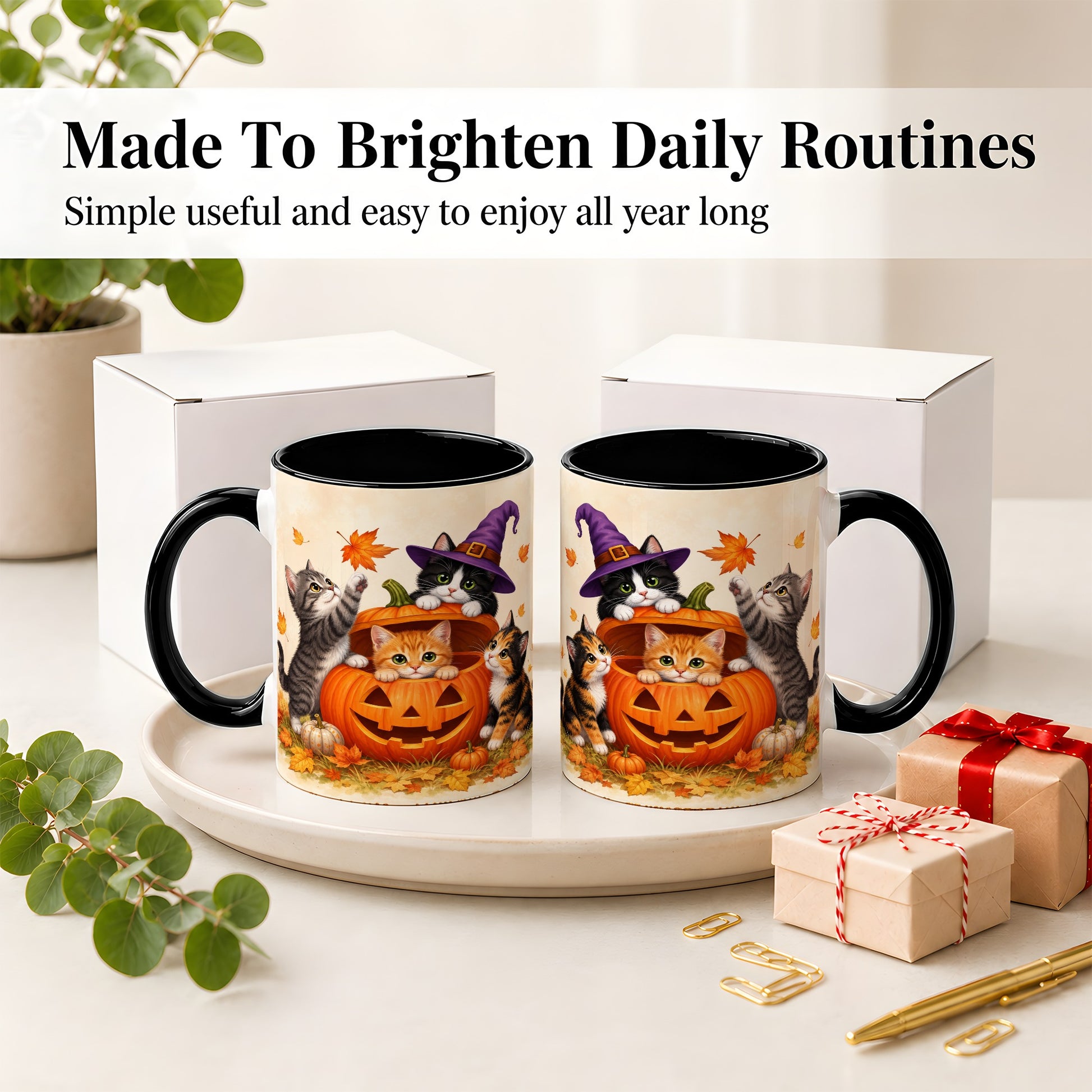 #pl[11oz|Black] Halloween Pumpkin Kittens Ceramic Mug, Cat Art for Cat Lovers